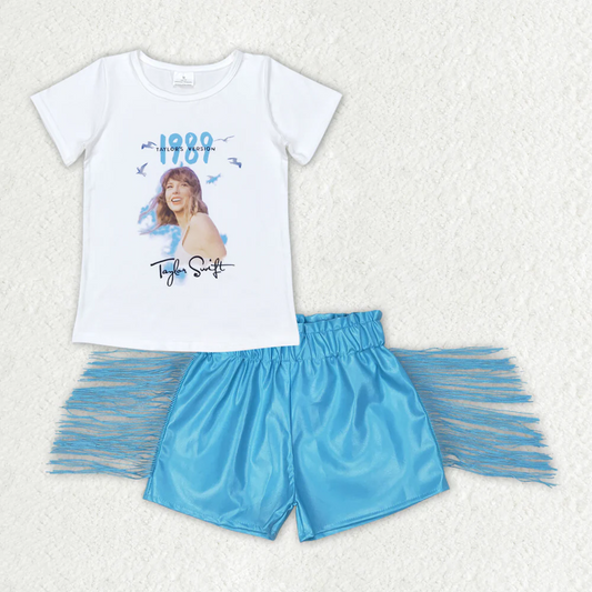 Baby Girl Short Sleeves Singer Shirt Blue Leather Tassel Shorts Set