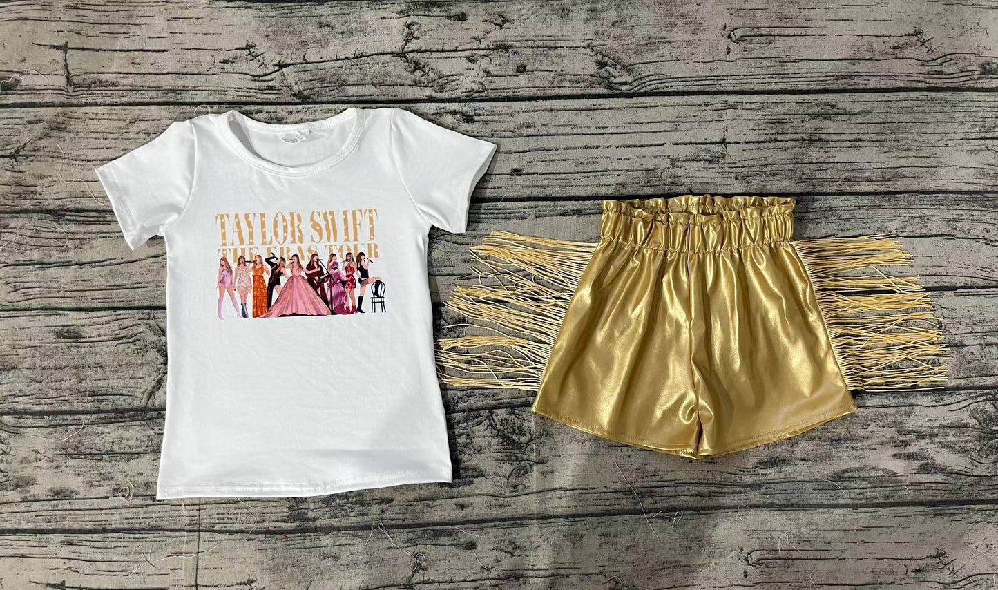 Pre-order Baby Girl Singer Shirt Gold Leather Tassels Shorts Set