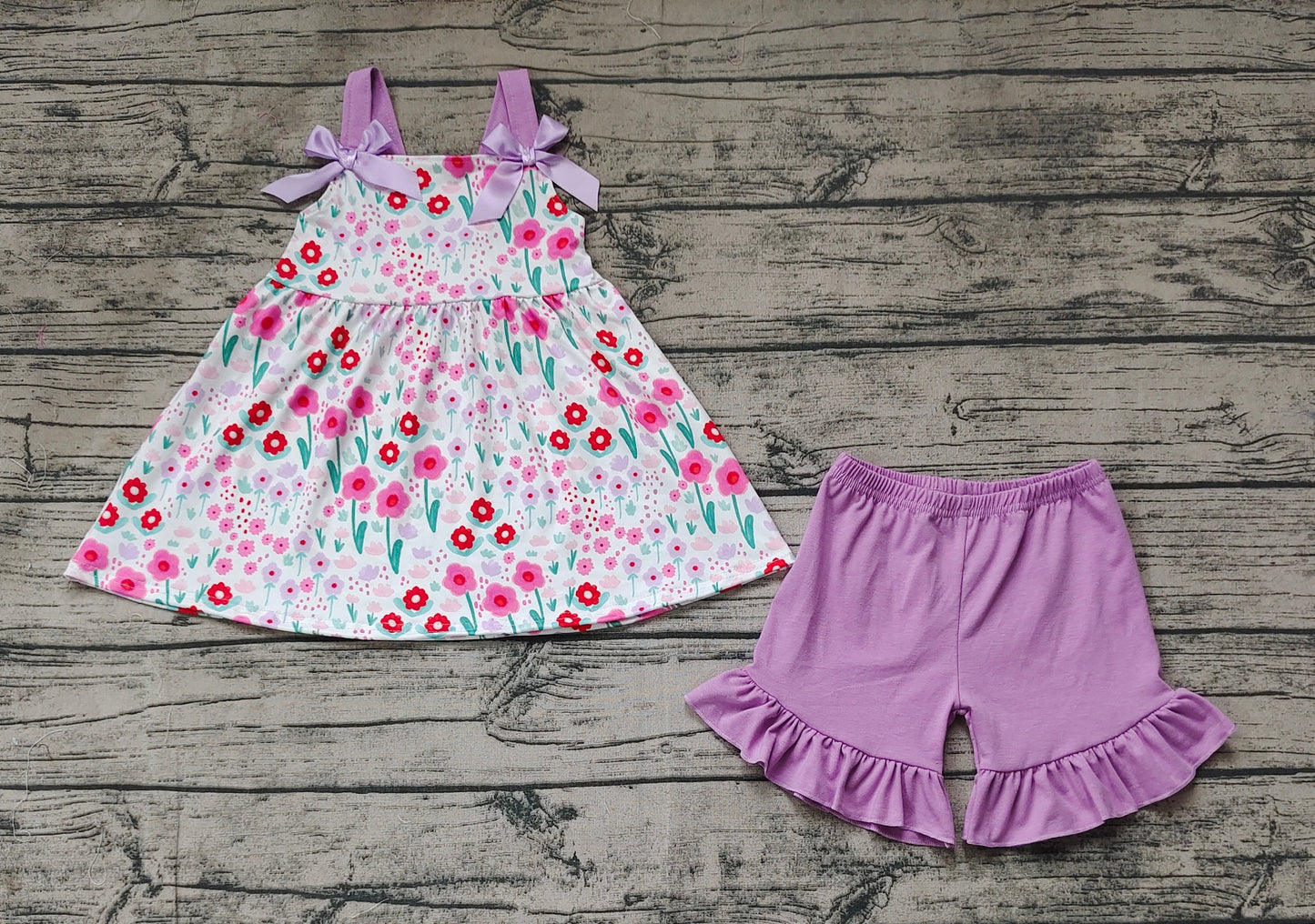 Baby Girl Sleeveless Floral Tops Purple Cotton Shorts Set