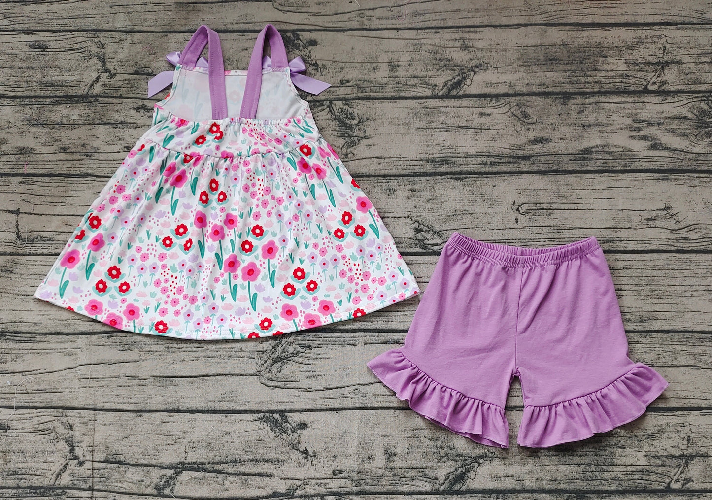 Baby Girl Sleeveless Floral Tops Purple Cotton Shorts Set