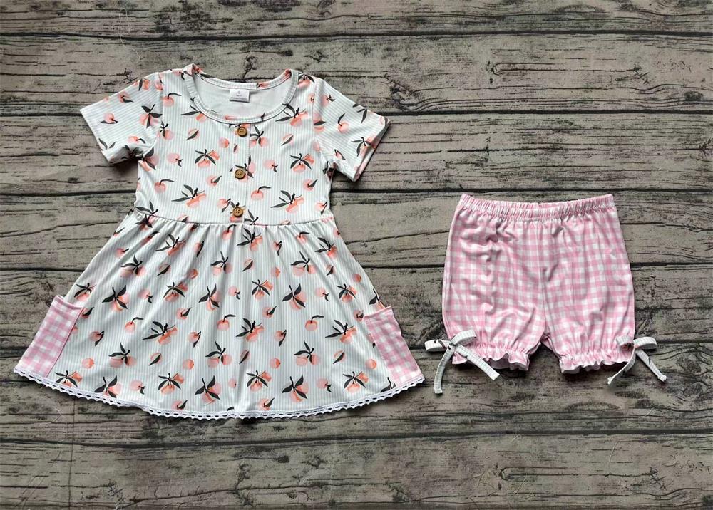 Pre-order Baby Girls Short Sleeves Peach Pocket Tops Pink Plaid Shorts Set