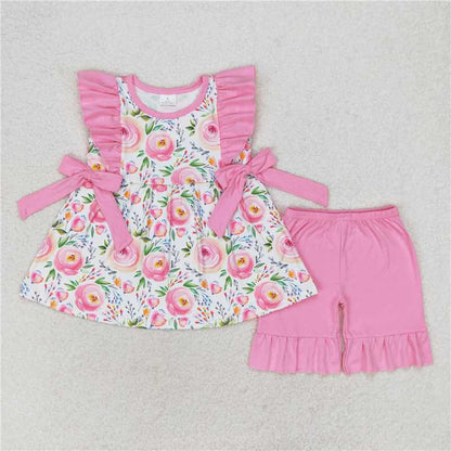 Baby Girl Short Sleeves Flower Pink Bows Sibling Dress Romper Set Clothes RTS