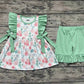 Baby Girl Flower Ruffle Bows Tunic Green Shorts Summer Set