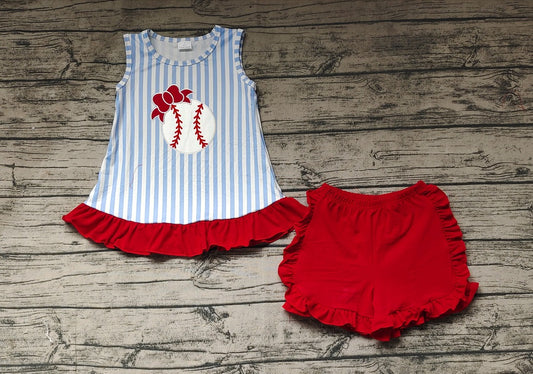 No moq Pre-order Baby Girl Sleeveless Baseball Stripes Tops Red Shorts Summer Set