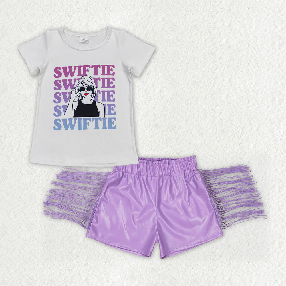 Baby Girl Short Sleeves Singer Shirt Purple Tassel Shorts Set