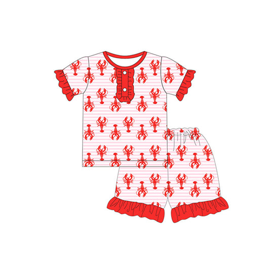 Moq 3 Pre-order Baby Girl Short Sleeves Crawfish Stripes Shirt Ruffle Shorts Pajamas Set