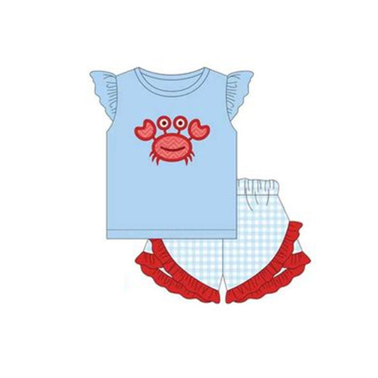 Moq 3 Pre-order Baby Girl Short Sleeves Crab Shirt Plaid Ruffle Shorts Summer Set