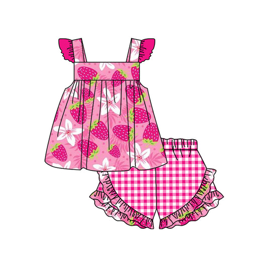 Moq 3 Pre-order Baby Girl Strawberry Floral Tunic Plaid Shorts Summer Set