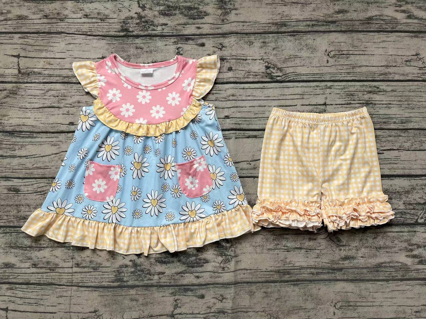 Baby Girl Flower Pocket Tunic Yellow Plaid Shorts Clothes Set