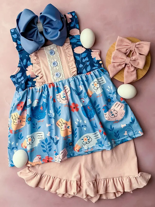 Moq 3 Pre-order Baby Girl Chicken Tops Pink Shorts Summer Set