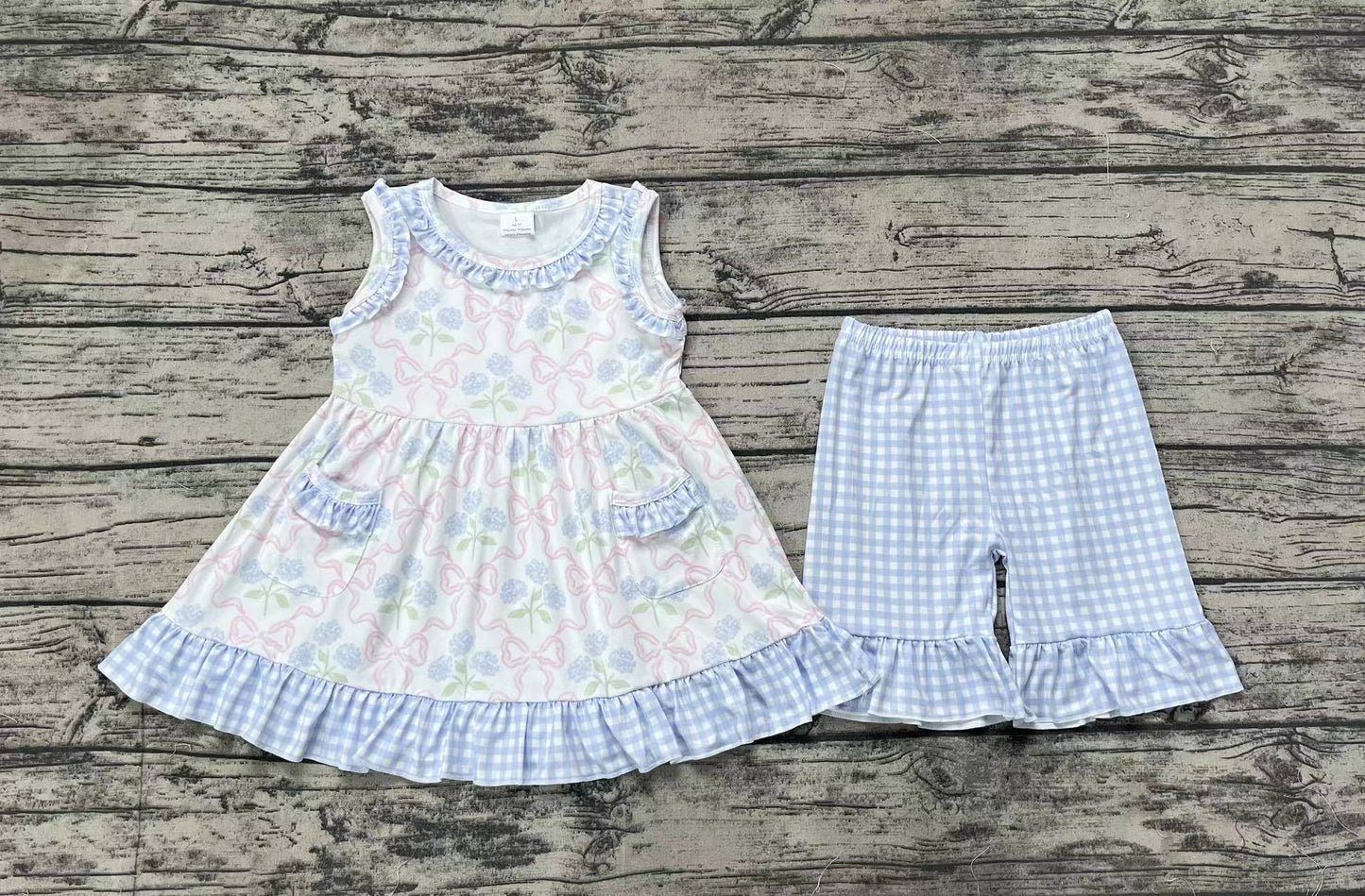 Baby Girl Flower Sleeveless Tunic Ruffle Blue Plaid Shorts Clothes Sets