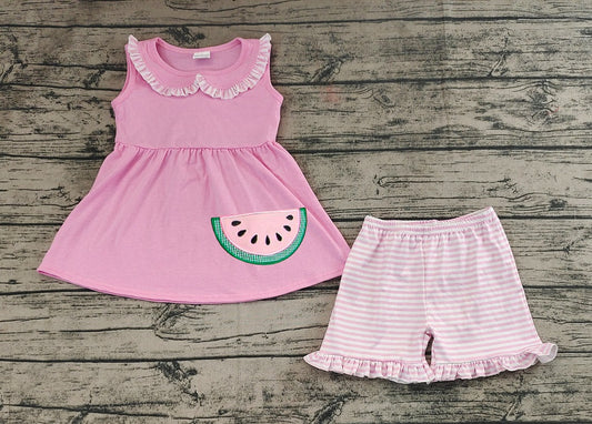 No moq Pre-order Baby Girl Sleeveless Watermelon Pink Tops Stripes Shorts Summer Set