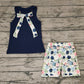 No moq Pre-order Baby Girl Sleeveless Bow Navy Blue Tops Floral Shorts Summer Set