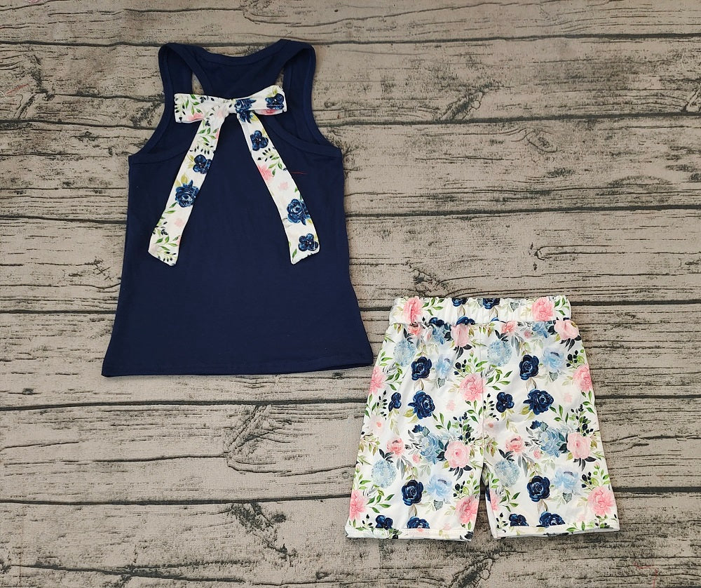 No moq Pre-order Baby Girl Sleeveless Bow Navy Blue Tops Floral Shorts Summer Set