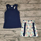 No moq Pre-order Baby Girl Sleeveless Bow Navy Blue Tops Floral Shorts Summer Set