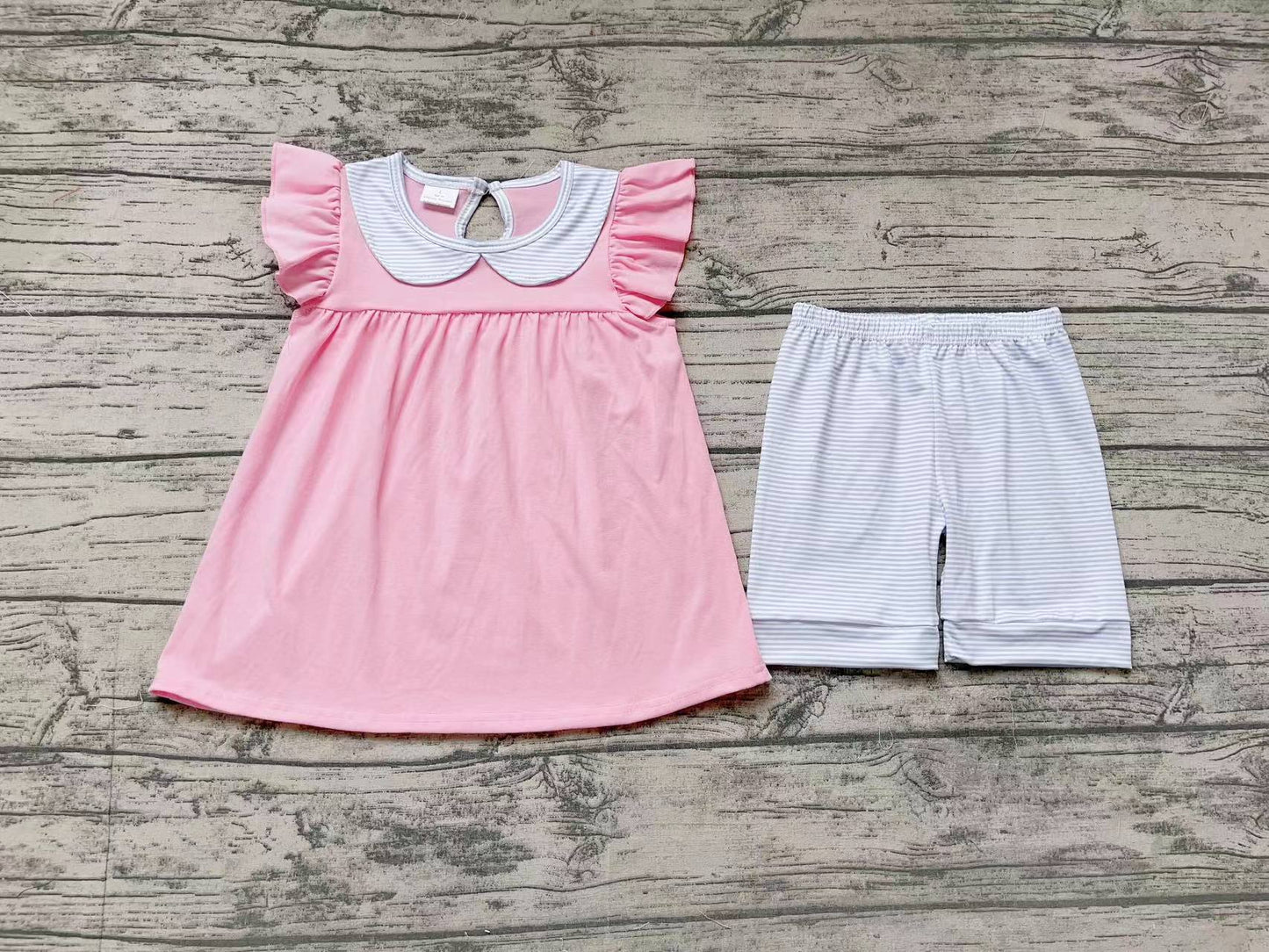 Baby Girl Pink Cotton Ruffle Tunic Blue Stripes Shorts Summer Set