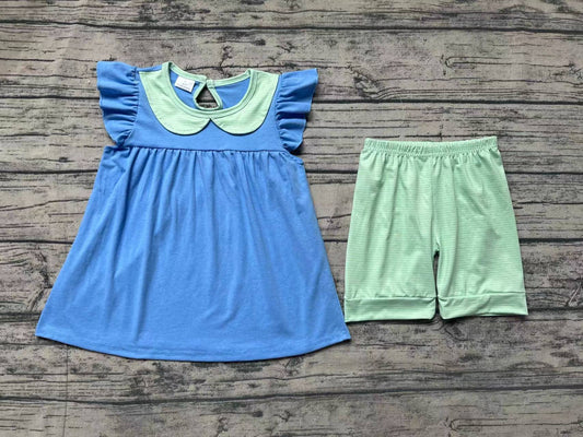 Pre-order Baby Girl Short Sleeves Blue Cotton Tunic Stripes Shorts Summer Set