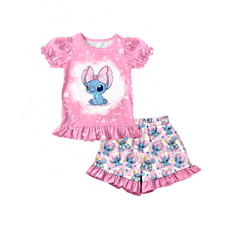 Pre-order Baby Girl Short Sleeves Pink Shirt Floral Cartoon Shorts Summer Set