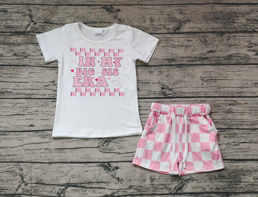 No moq Pre-order Baby Girl Big sis Shirt Pink Checkered Pocket Shorts Summer Set