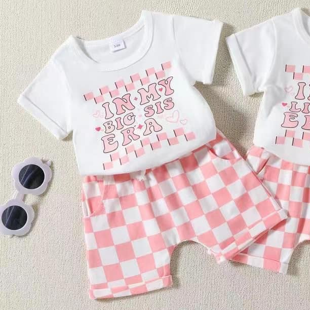 Pre-order Baby Girl Short Sleeves Big Sister Shirt Pink Checkered Shorts Summer Set