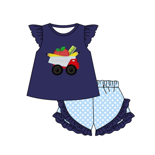 Pre-order Baby Girl Short Sleeves Pencil Truck Shirt Stripes Shorts Back To School Set