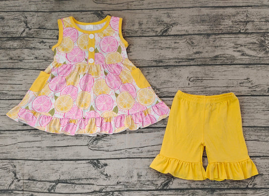 Pre-order Baby Girl Sleeveless Lemon Pocket Tops Yellow Shorts Summer Set