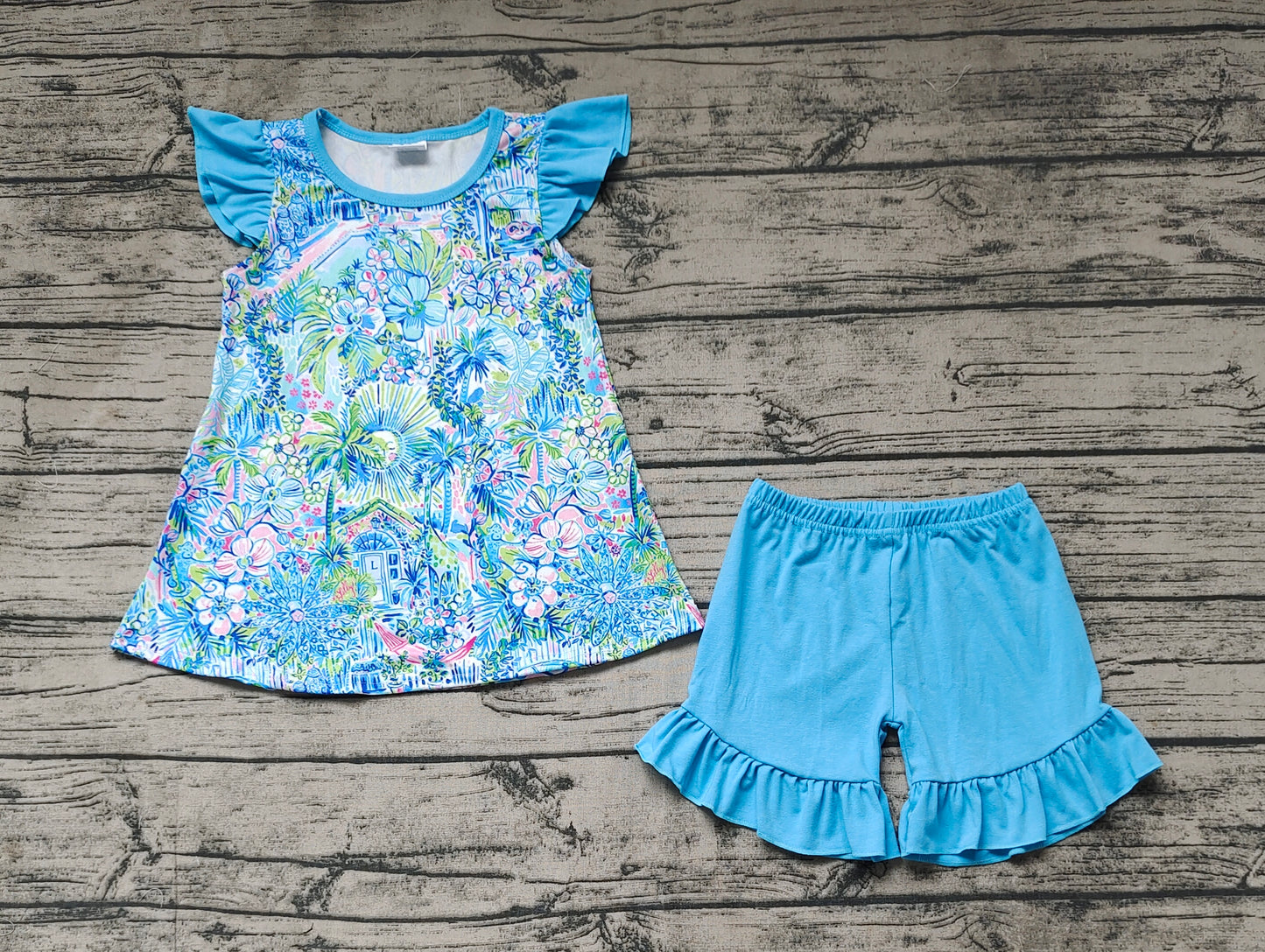 Pre-order Baby Girl Floral Tunic Blue Shorts Summer Set