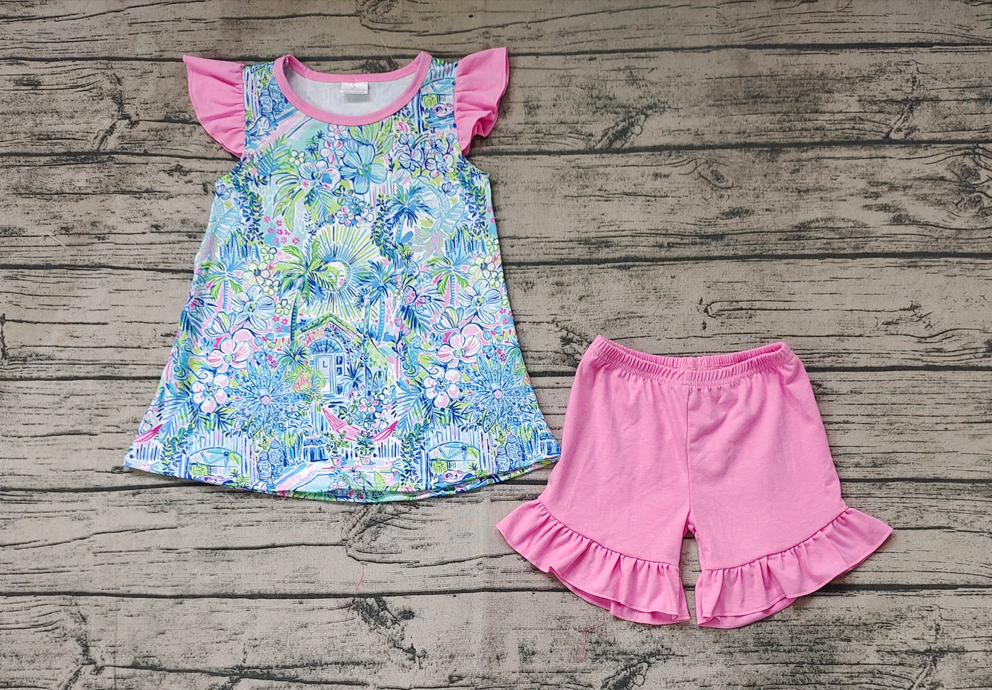 No moq Pre-order Baby Girl Floral Tops Pink Cotton Shorts Set