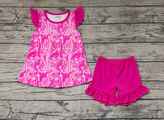 No moq Pre-order Baby Girl Pink Flamingo Tops Cotton Shorts Set