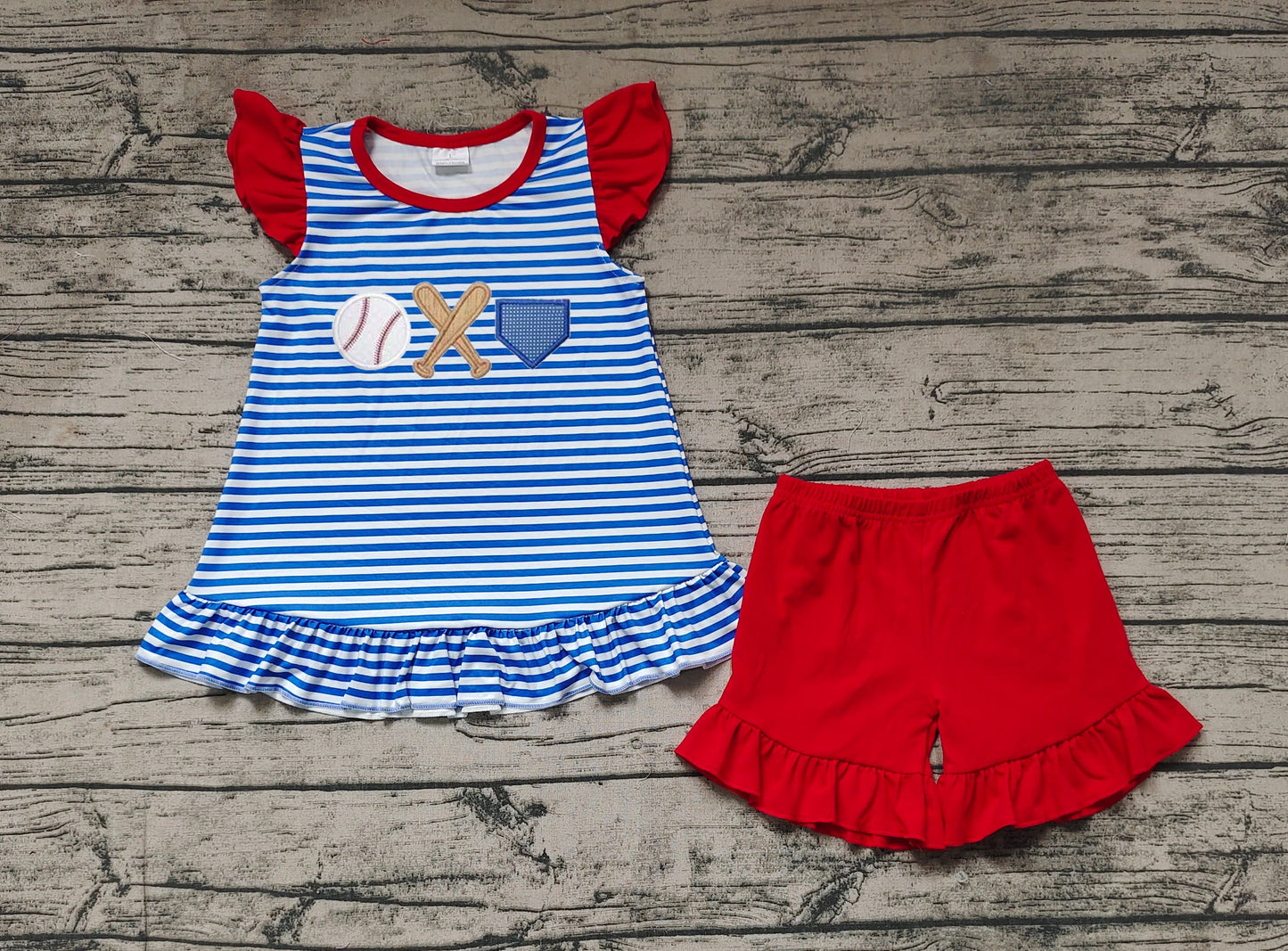 No moq Pre-order Baby Girl Blue Stripes Short Sleeves Baseball Tops Red Shorts Summer Set