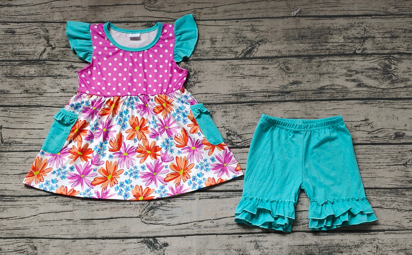 Baby Girl Dots Flower Tunic Ruffle Shorts Summer Set