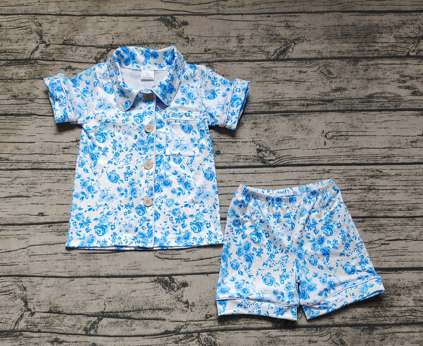 Baby Girls Flower Buttons Shirts Shorts Pajamas Blue Set