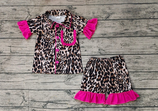 Pre-order Baby Girl Short Sleeves Pocket Buttons Shirt Shorts Pajamas Leopard Set