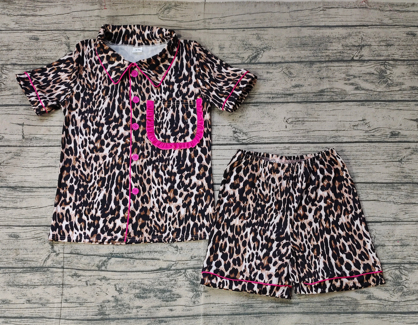 Adult Women Short Sleeves Buttons Shirt Shorts Pajamas Leopard Set