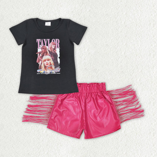 Baby Girl Black Short Sleeves Singer Shirt Pink Leather Tassel Shorts Set