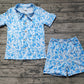 Adult Women Short Sleeves Flower Buttons Shirt Shorts Pajamas Blue Set