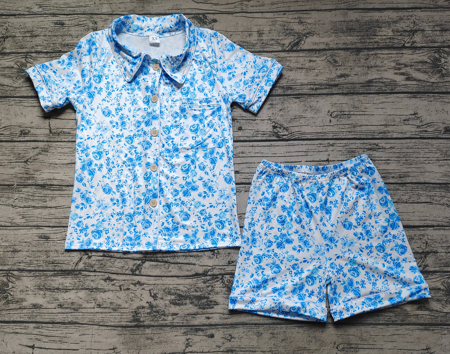 Adult Women Short Sleeves Flower Buttons Shirt Shorts Pajamas Blue Set