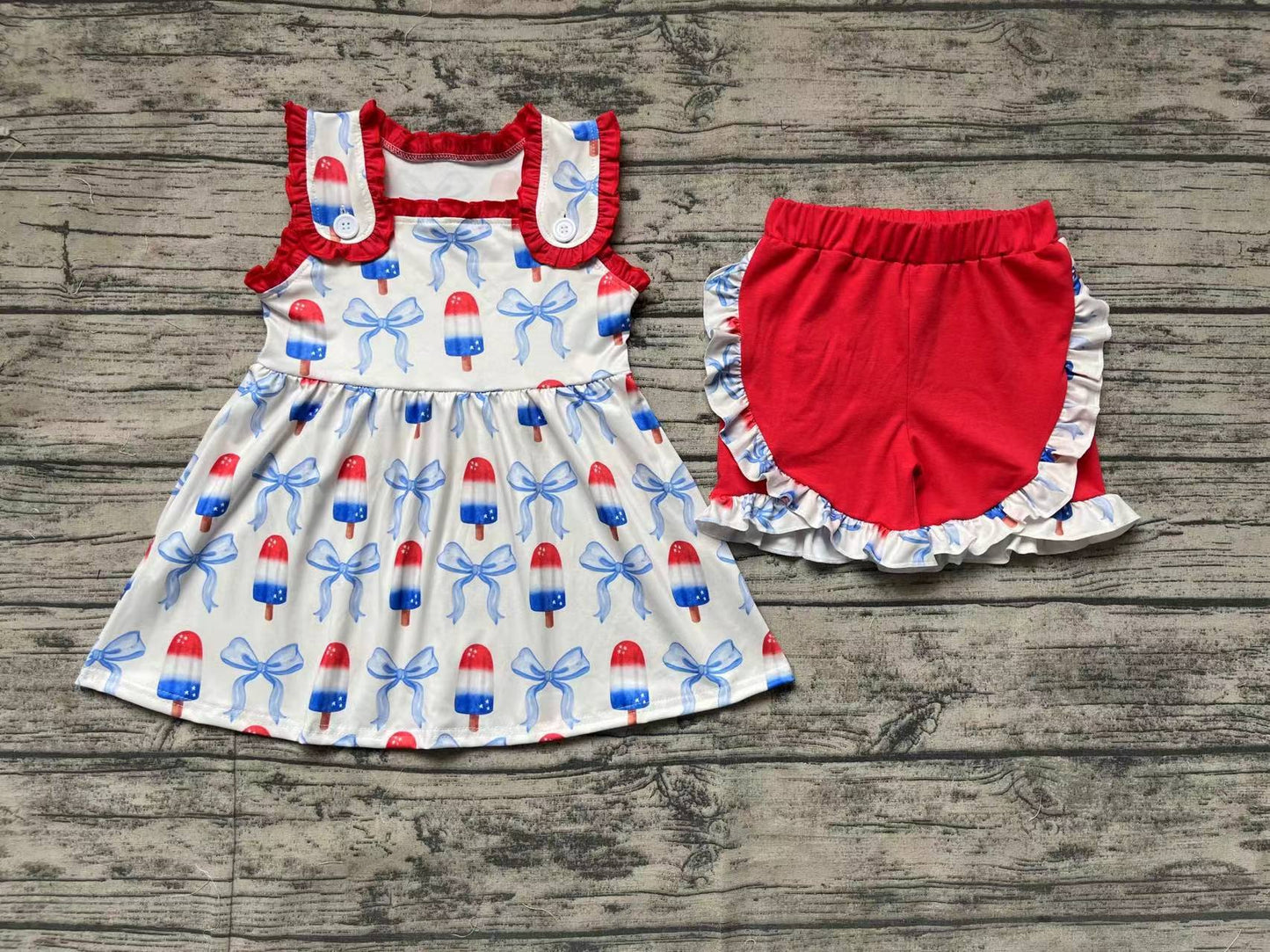 Baby Girl Popstick Bows Tunic Ruffle Shorts July 4th Set