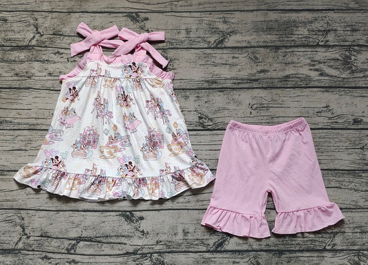 Pre-order Baby Girl Sleeveless Dogs Tops Pink Cotton Shorts Set