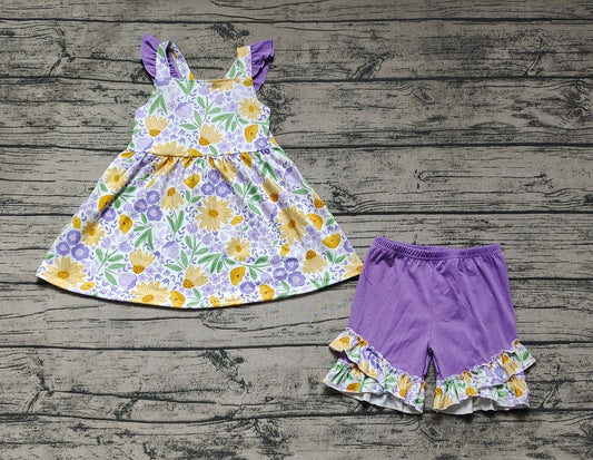 Pre-order Baby Girl Sleeveless Flower Tops  Ruffle Purple Shorts Set