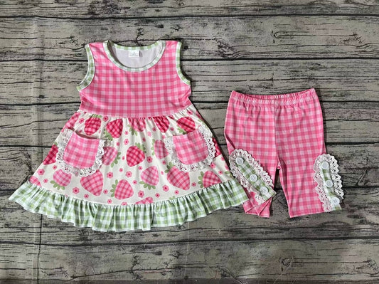 Pre-order Baby Girl Sleeveless Strawberry Floral Pocket Tops Pink Plaid Shorts Summer Set