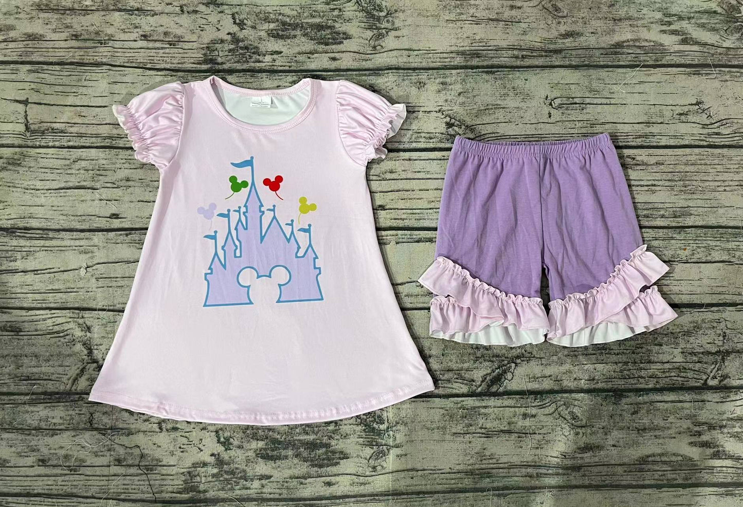 Baby Girl Short Sleeves Castle Tops Purple Shorts Summer Set