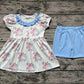 Baby Girl Short Sleeves Birds Floral Tops Blue Shorts Set