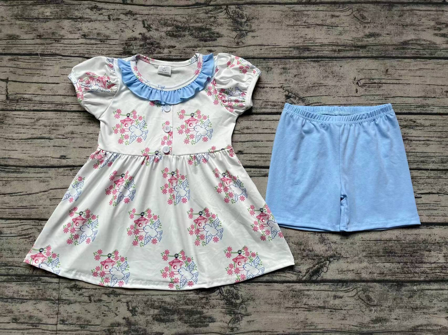 Baby Girl Short Sleeves Birds Floral Tops Blue Shorts Set