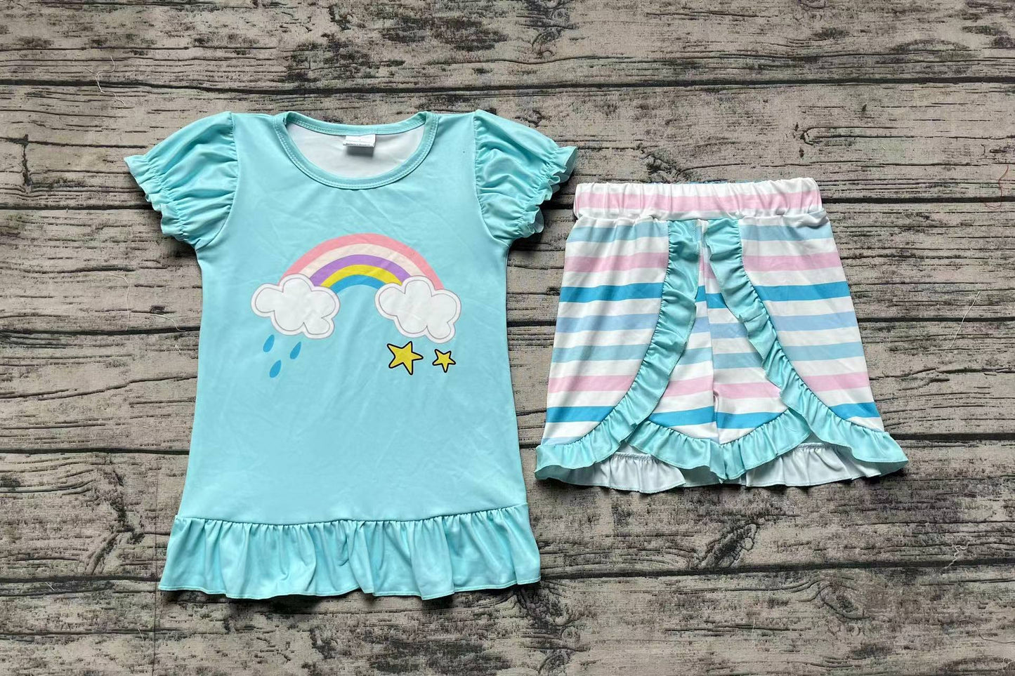 Baby Girl Short Sleeves Rainbow Tops Stripes Shorts Set