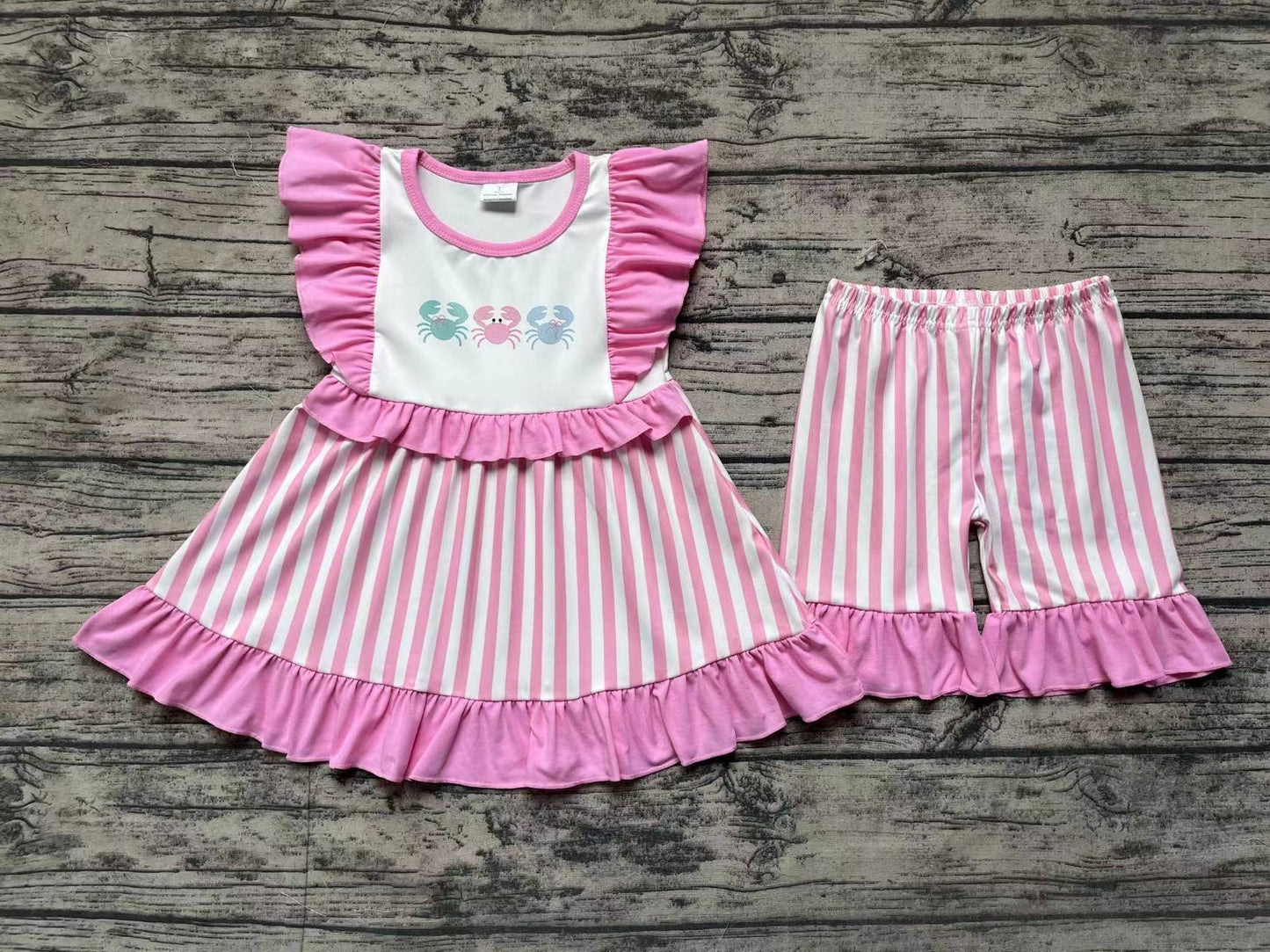 Baby Girl Short Sleeves Crabs Tops Pink Stripes Shorts Set