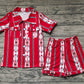 Adult Women Short Sleeves Aztec Buttons Shirt Shorts Pajamas Red Set