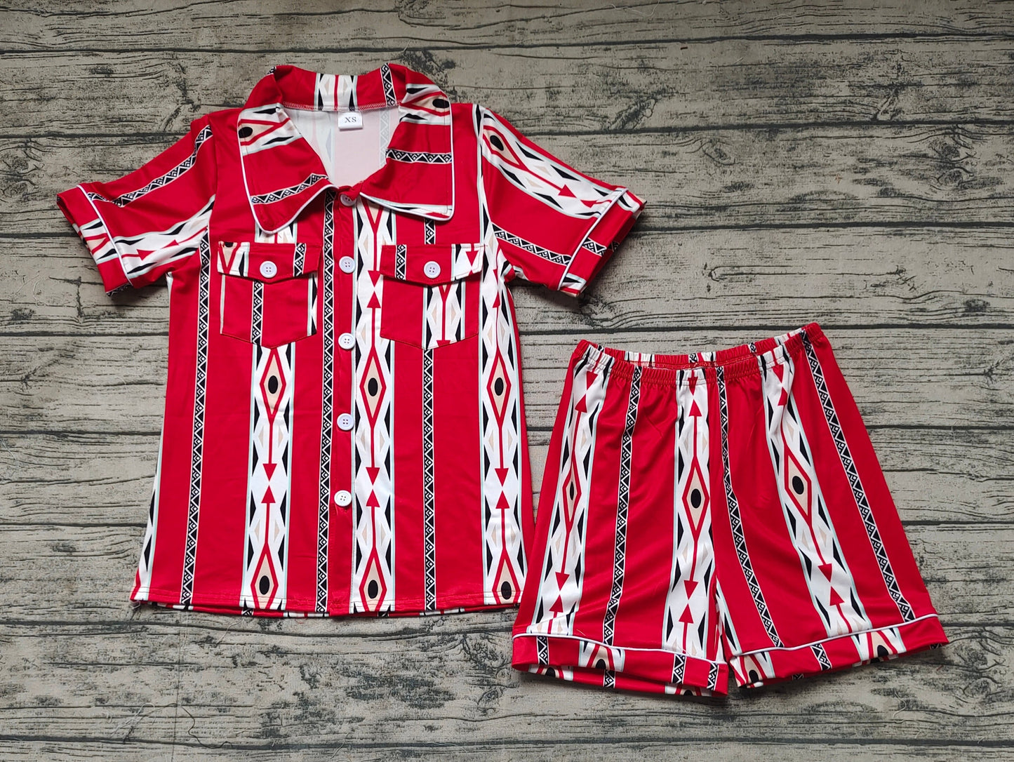 Adult Women Short Sleeves Aztec Buttons Shirt Shorts Pajamas Red Set