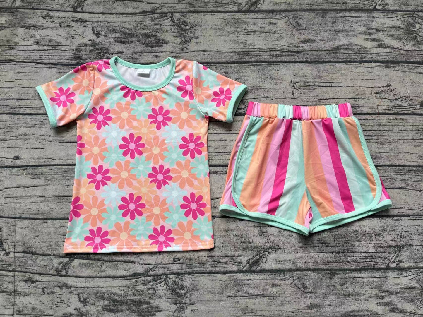 Baby Girl Flower Tee Shirts Colorful Stripes Shorts Summer Set