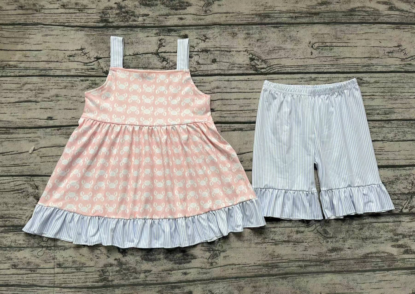 Baby Girl Straps Crabs Tops Blue Stripes Shorts Set